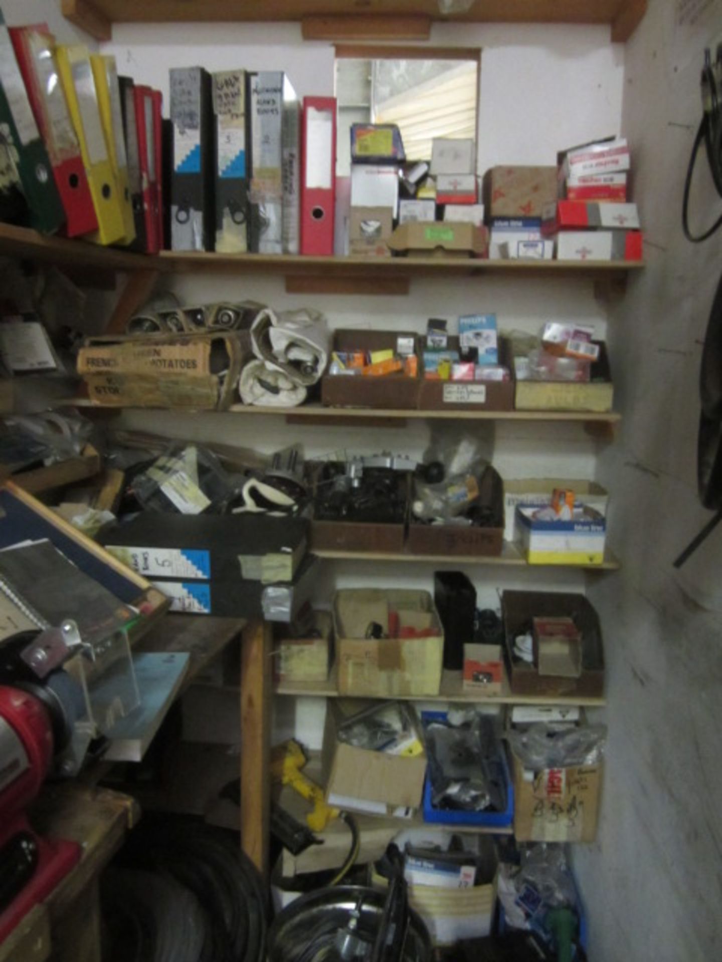 Contents of engineers workshop including sealey double ended bench grinder, 2 x bench vices, - Image 5 of 17