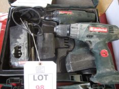 2 x Metabo cordless drills, charger, 2 x batteries, case