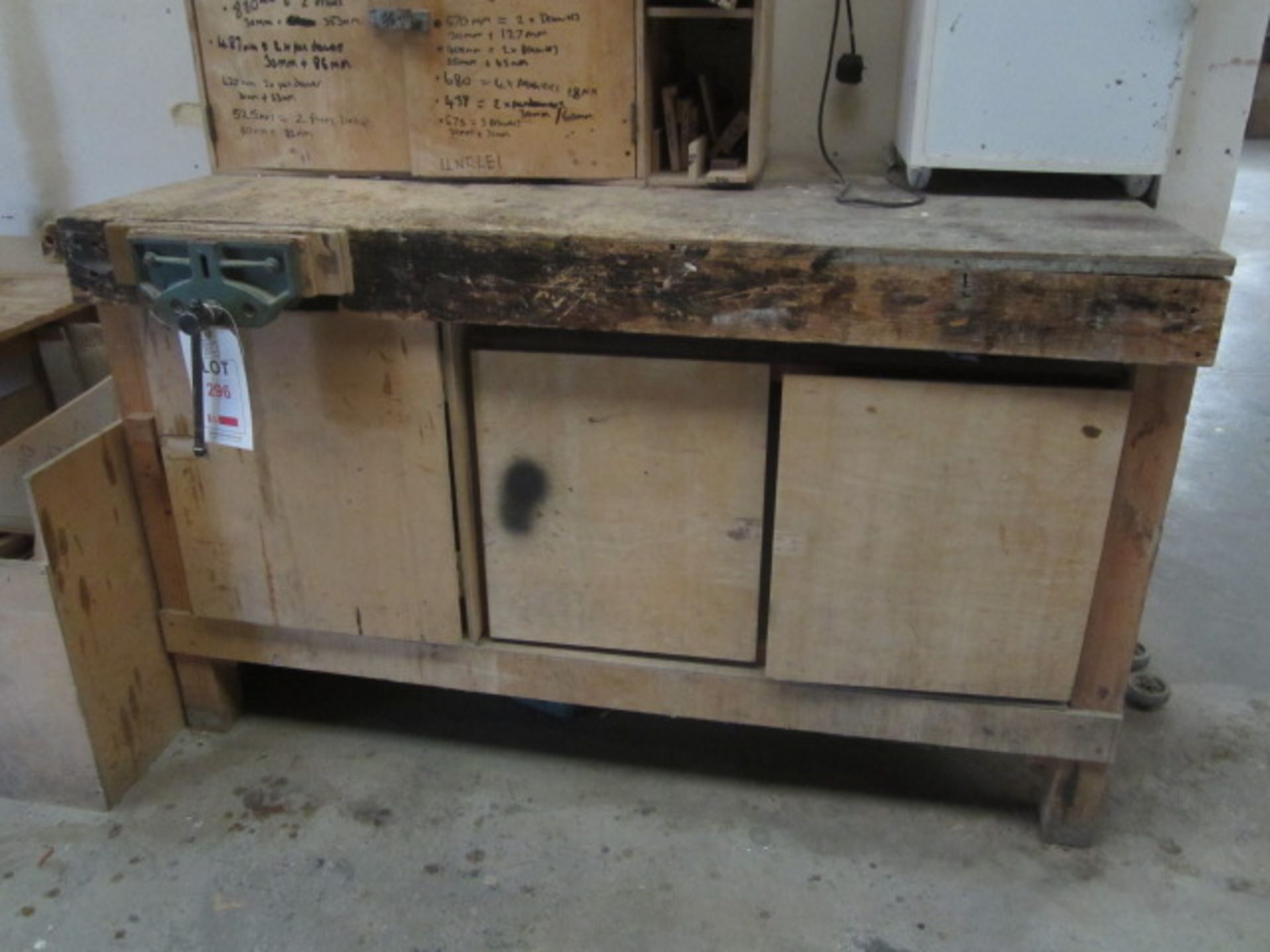 Timber workbench with storage and carpenters vice, approx. size 1550mm x 800mm x 920mm