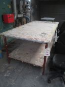 2 x metal frame/timber top work benches, approx. size 2260mm x 1100mm x 870mm