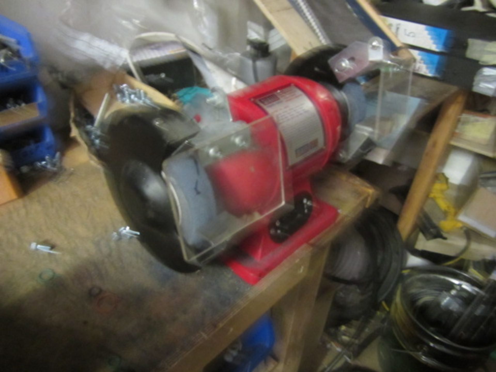 Contents of engineers workshop including sealey double ended bench grinder, 2 x bench vices, - Image 6 of 17