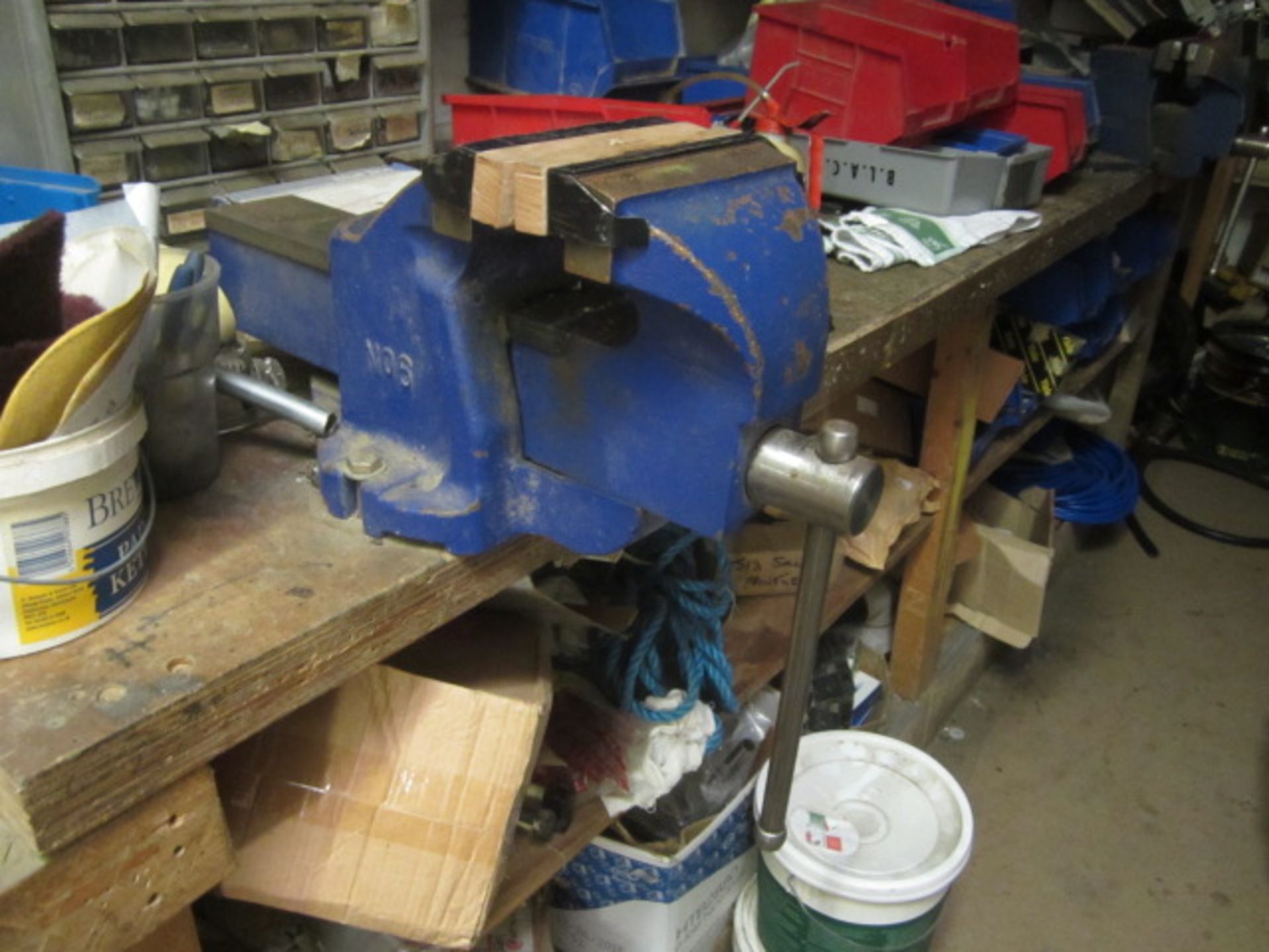 Contents of engineers workshop including sealey double ended bench grinder, 2 x bench vices, - Image 8 of 17