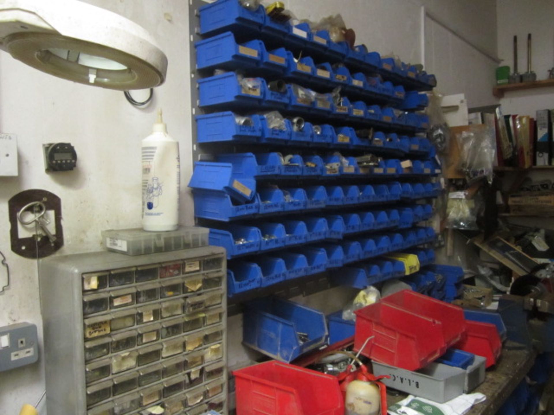 Contents of engineers workshop including sealey double ended bench grinder, 2 x bench vices, - Image 9 of 17