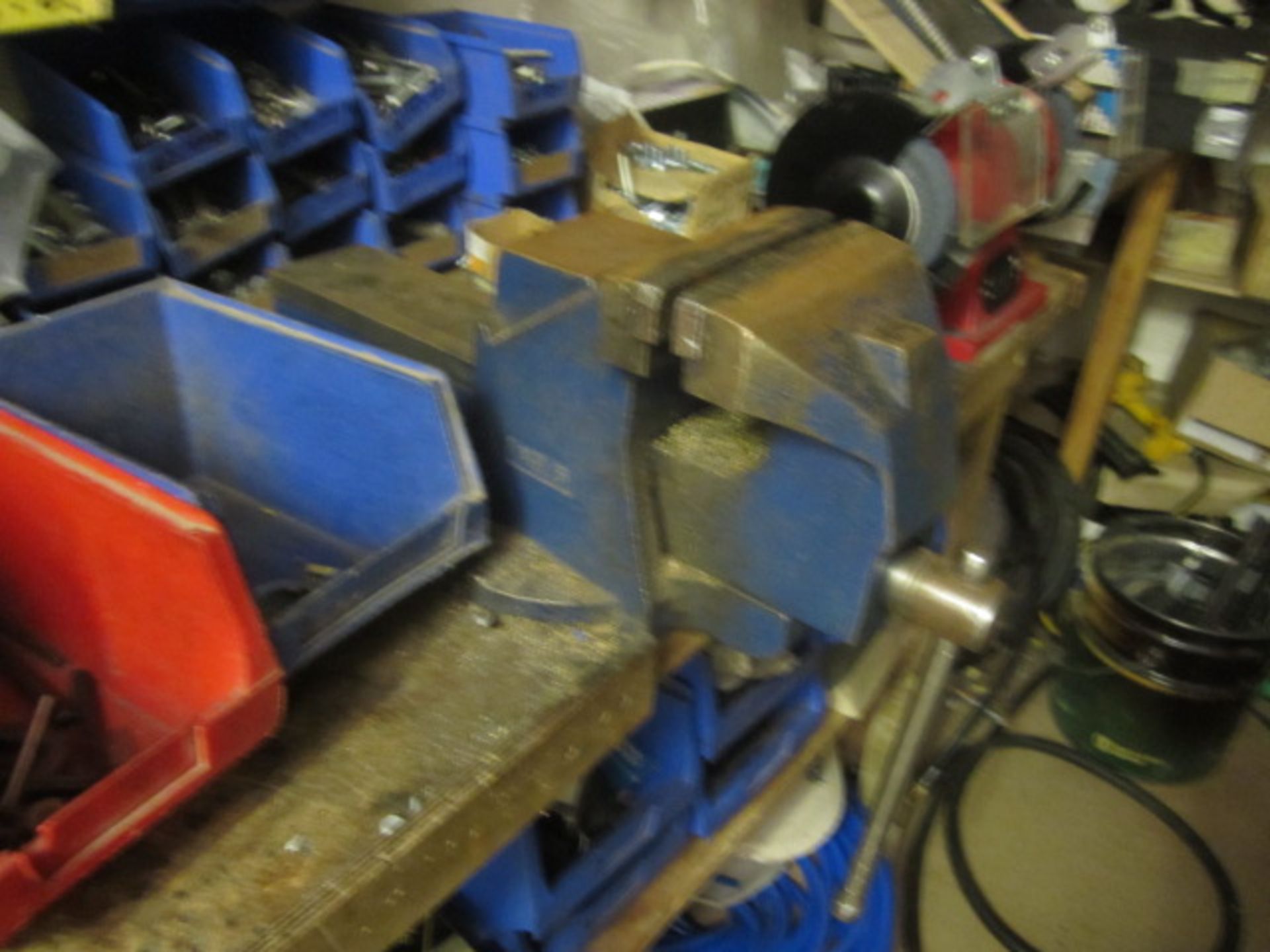 Contents of engineers workshop including sealey double ended bench grinder, 2 x bench vices, - Image 7 of 17