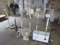 Assorted pedestal fans, desk fan, electric heaters