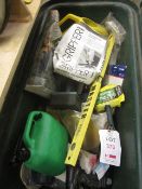 Miscellaneous lot including cordless drill, spirit level, carpet kicker, petrol can, overalls,