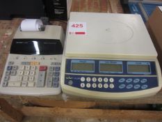 Electronic bench top weighing scales, model QHC-30, cap: 30kg, Sharp EL-1607 printer calculator