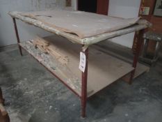 2 x metal frame/timber top work benches, approx. size 2260mm x 1100mm x 940mm