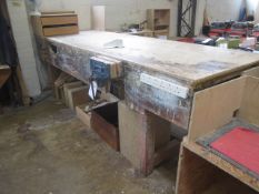 2 x timber carpenters benches with 4 x vices, approx. size, 1 x 2870mm x 960mm x 920mm / 1 x