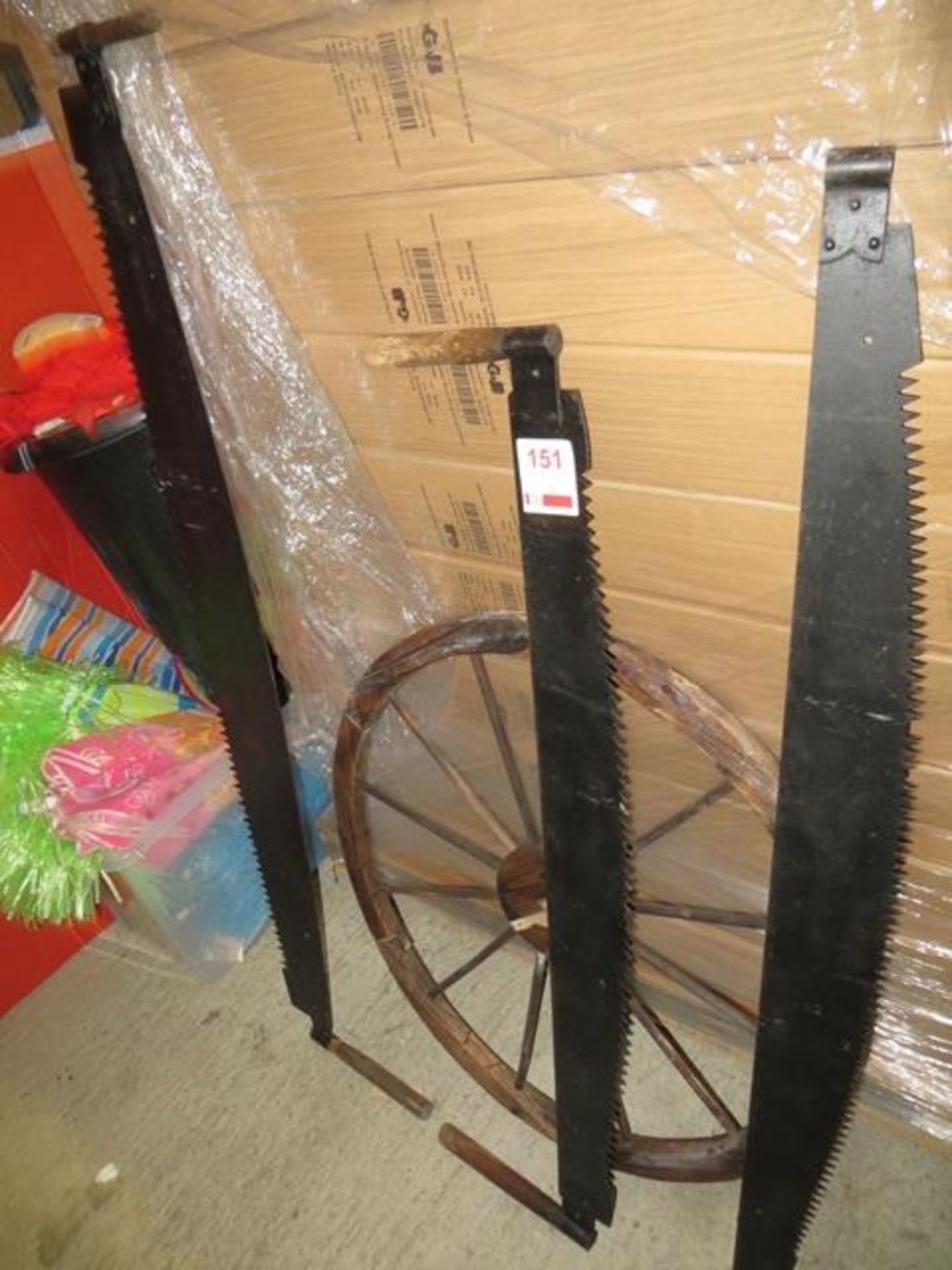 Pub Wall Display items to include 3 Tree saws & Wagon WheelPlease note: This lot, for VAT