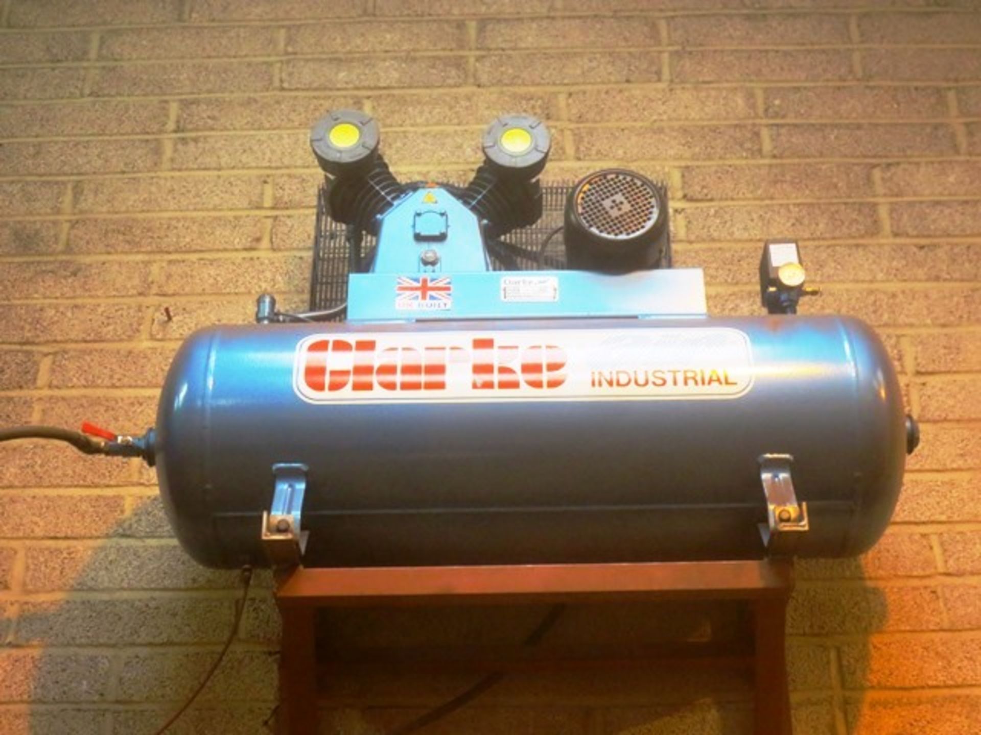 Clarke Air reciprocating air compressor set, mounted on horizontal air receiver (mounted at