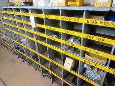 Steel rack 10 x 7 bin capacity and contents, to include various bolts, nuts, fittings, etc.