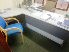 Contents of office to include grey L shape desk, pedestal, three various chairs, two 4-drawer filing