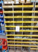 Steel rack 12 x 3 bin capacity and contents, to include various bolts, nuts, fittings, etc.