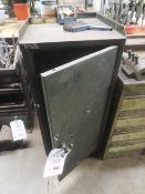 Steel single door cupboard and contents, to include assorted tooling, 3-jaw chucks, etc.