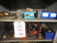 Contents of two shelves to include assorted tools, dial indicators, etc.