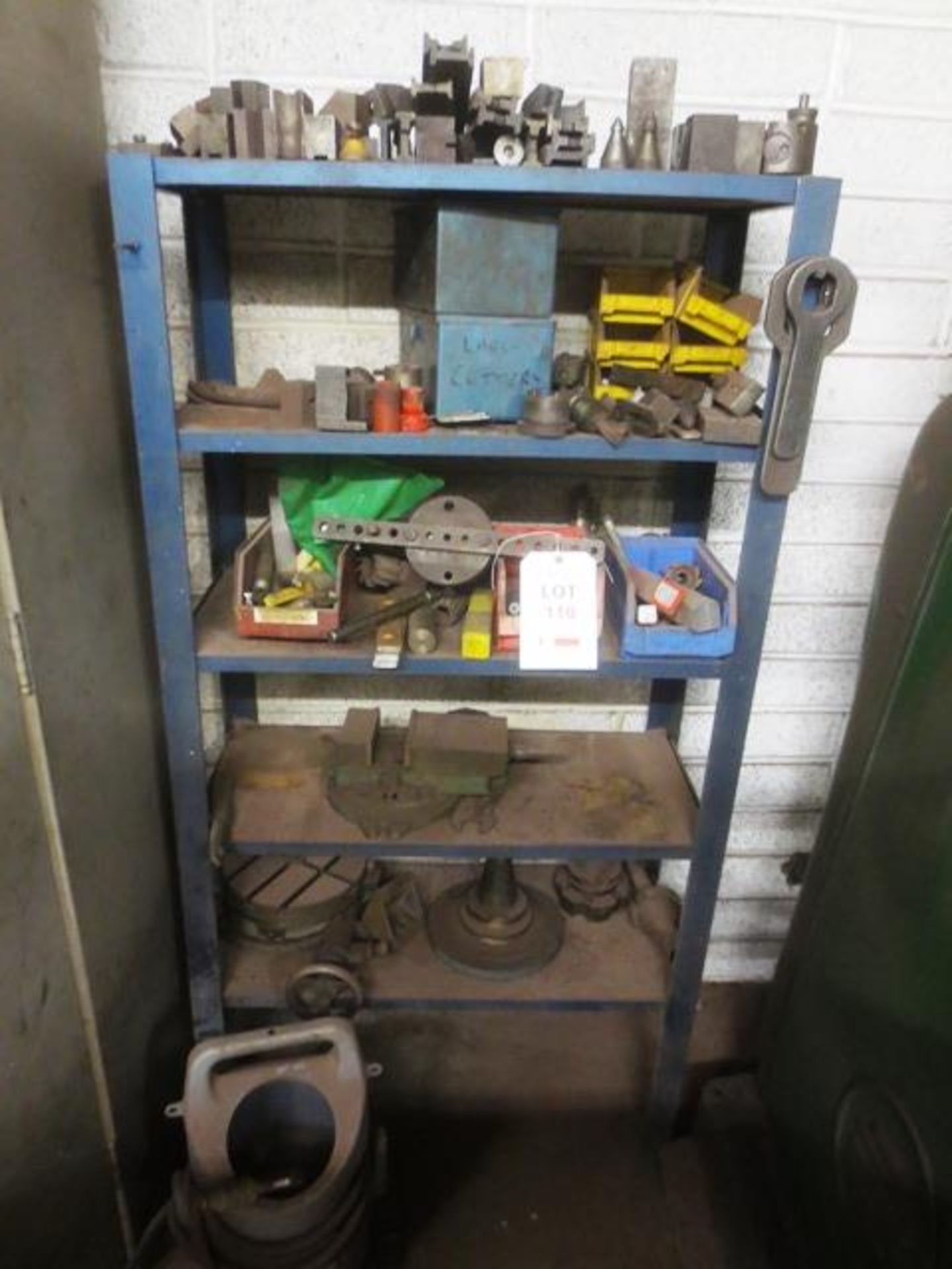 Steel 5 shelf rack and contents, to include machine vice, tooling, etc.