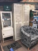 Cloth upholstered tub chair and two cabinets (excluding all contents)