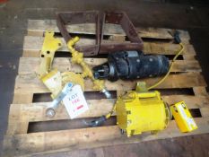 Pallet and contents to include: Caterpillar starter, alternator 24v, oil sump pump, lamp (unused)