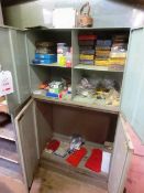 Two twin door steel cabinet and contents, incl. various circlips, shims, O rings, nuts, tape,