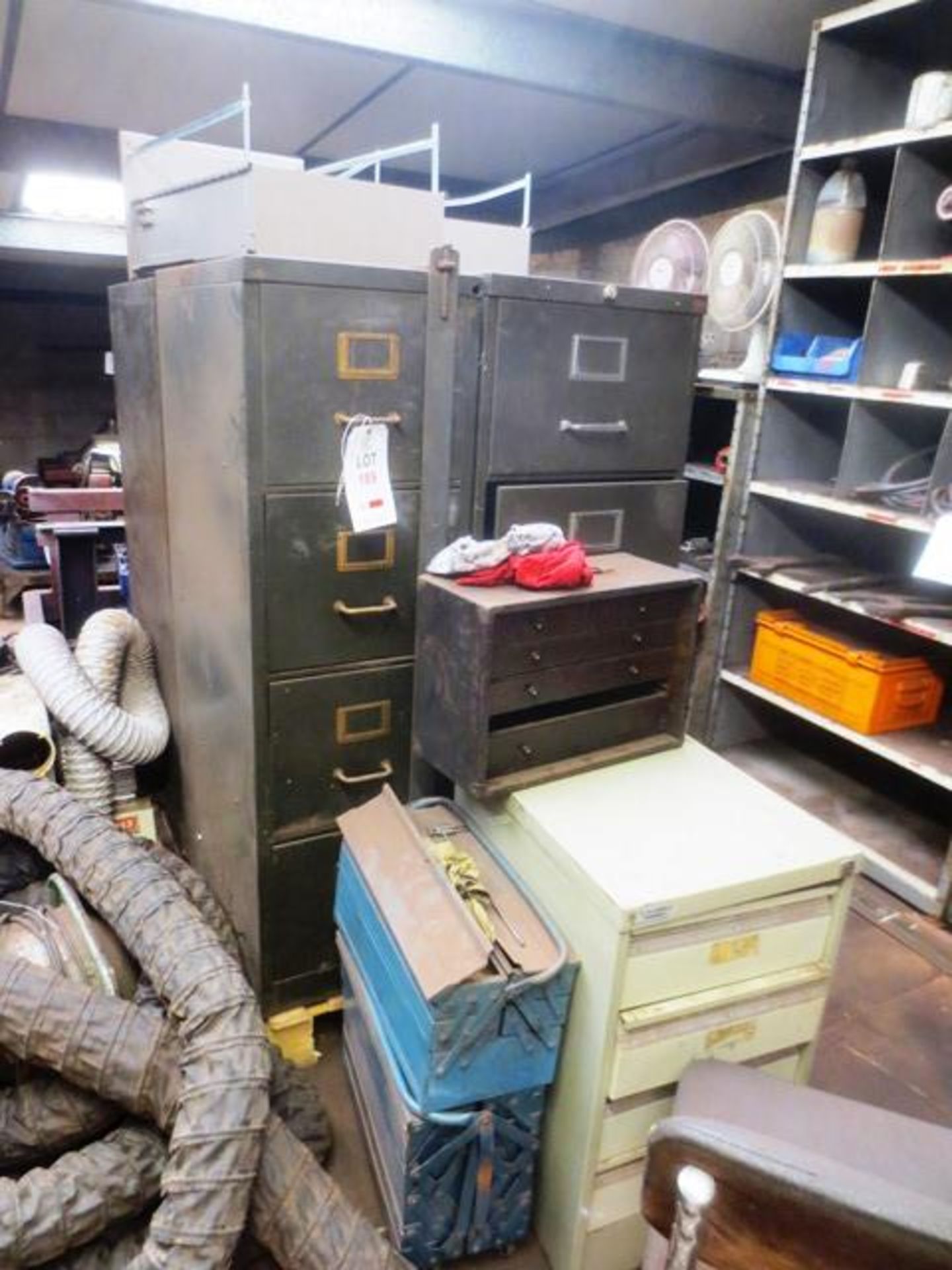 Four steel frame filing cabinets, two tool boxes, 4-drawer pedestal unit