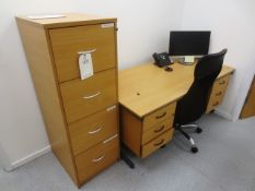 Light oak effect rectangular 6 drawer desk, with office swivel chair, 4-drawer filing cabinet, LCD