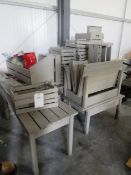 Various grey painted timber shop display tables, crates and baskets