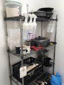 Bay of four shelf stores racking and contents, to include assorted kitchen utensils, hot plates,