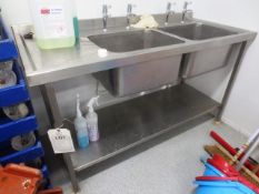 Stainless steel twin basin sink, with under counter shelf, approx 1500 x 650mm (Please note: This
