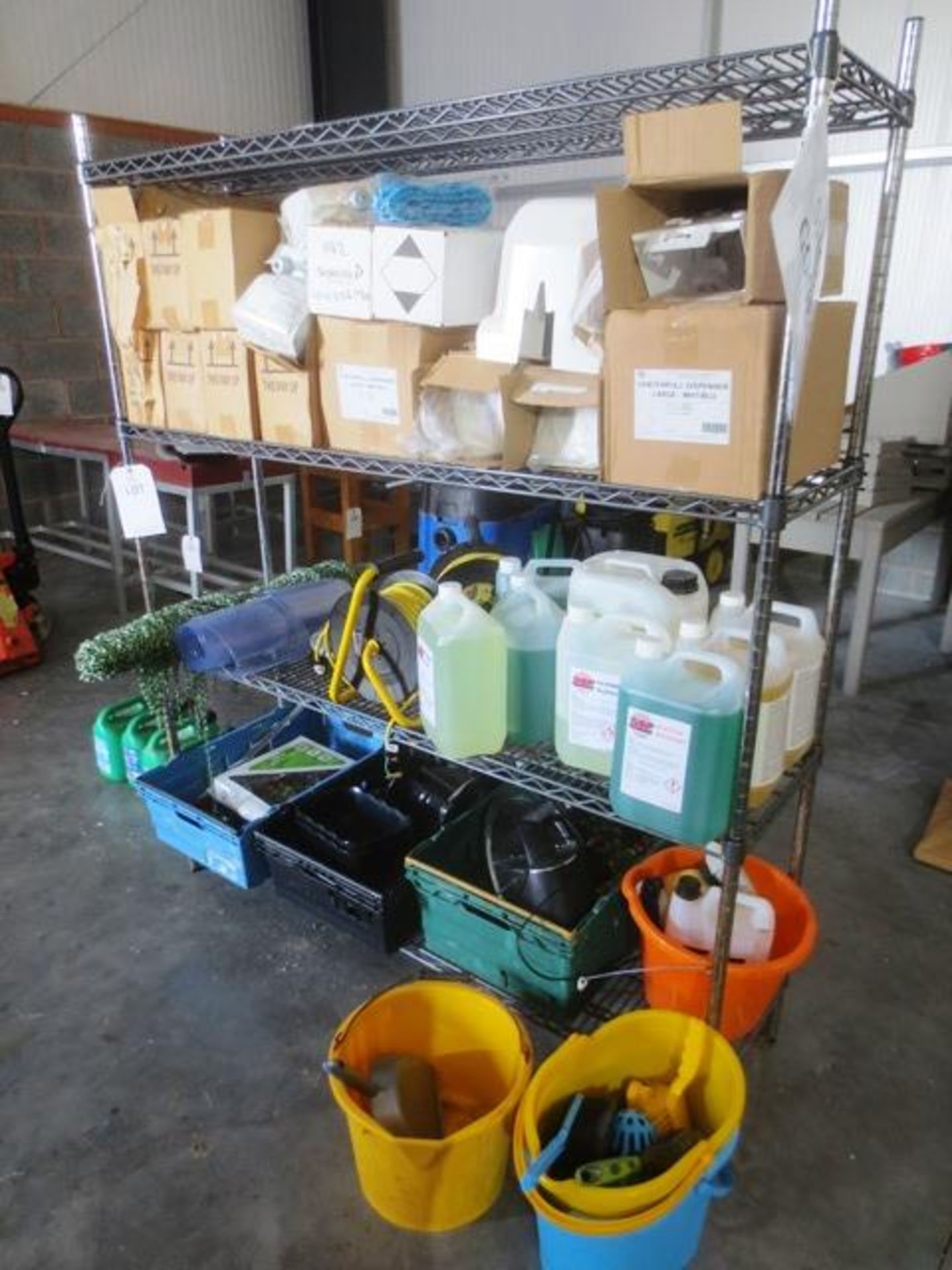 Bay of stores racking, approx 1500 x 400mm and contents including assorted hygiene stock,