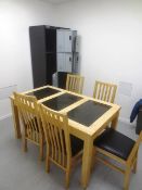 Contents of office, to include two Draper locker units and light oak effect table with five chairs