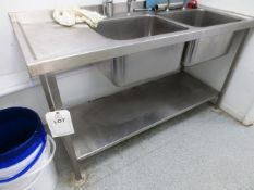 Stainless steel twin basin sink, with under counter shelf, approx 1500 x 650mm (Please note: This