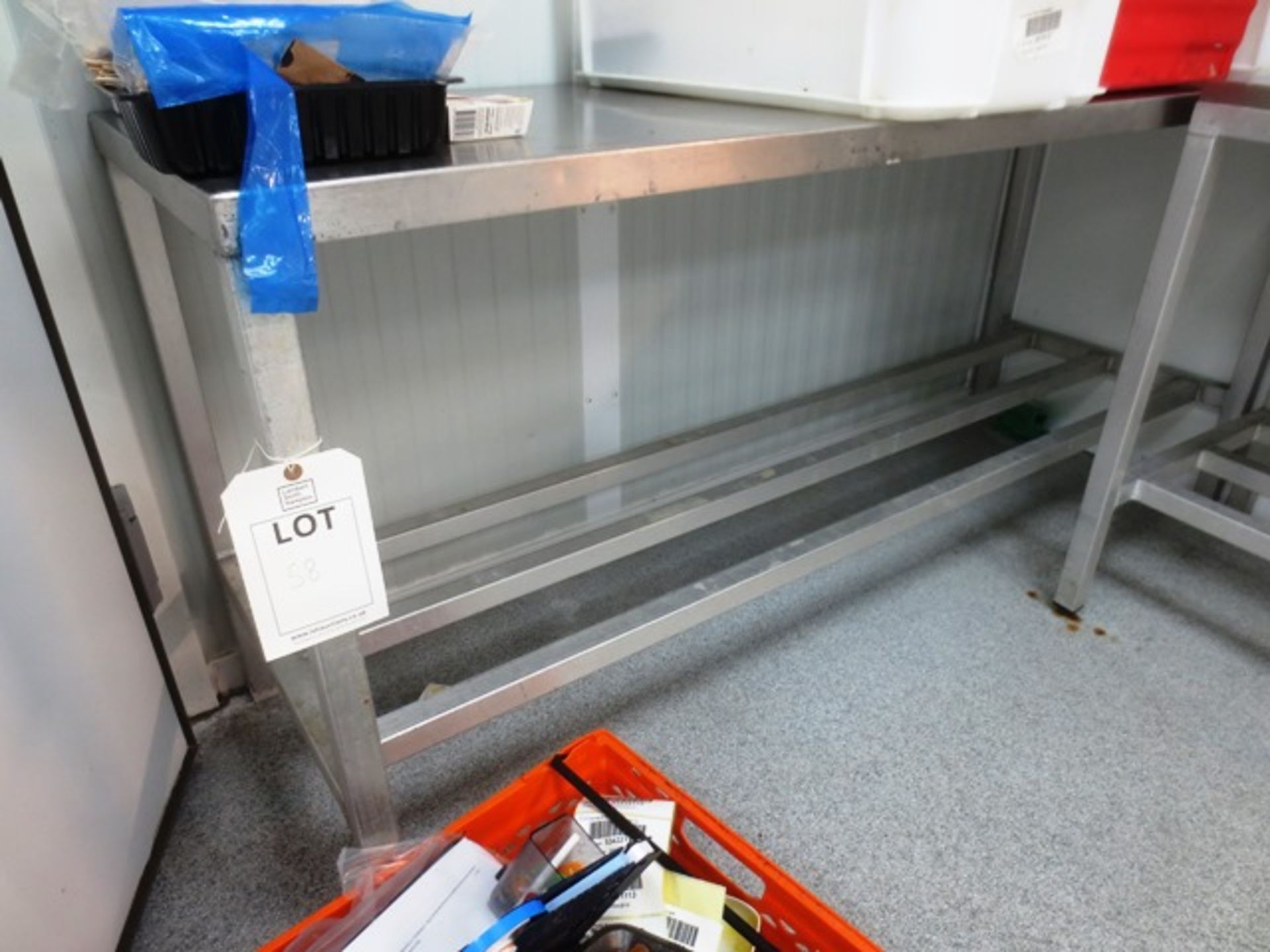 Stainless steel prep table with upstand, approx 72 x 24" (please note: excludes all contents) (