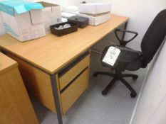 Light oak effect 2-drawer desk, with office swivel chair and office supplies (as lotted)