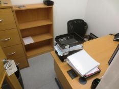 Contents of office, to include light oak effect rectangular, 6 drawer desk, office swivel chair,