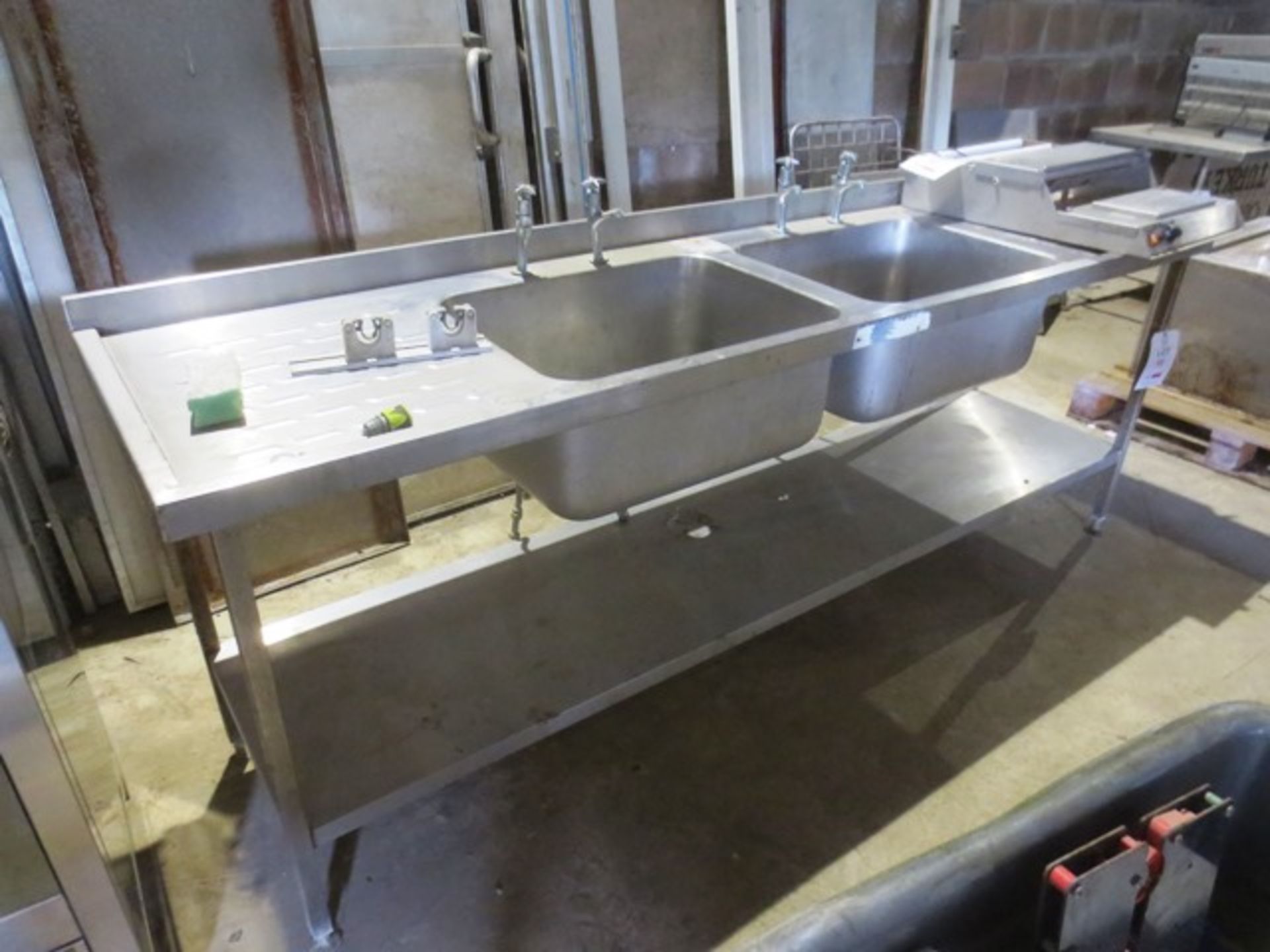 Stainless steel double sink unit, with under counter shelf, approx 2400 x 650mm (please note: