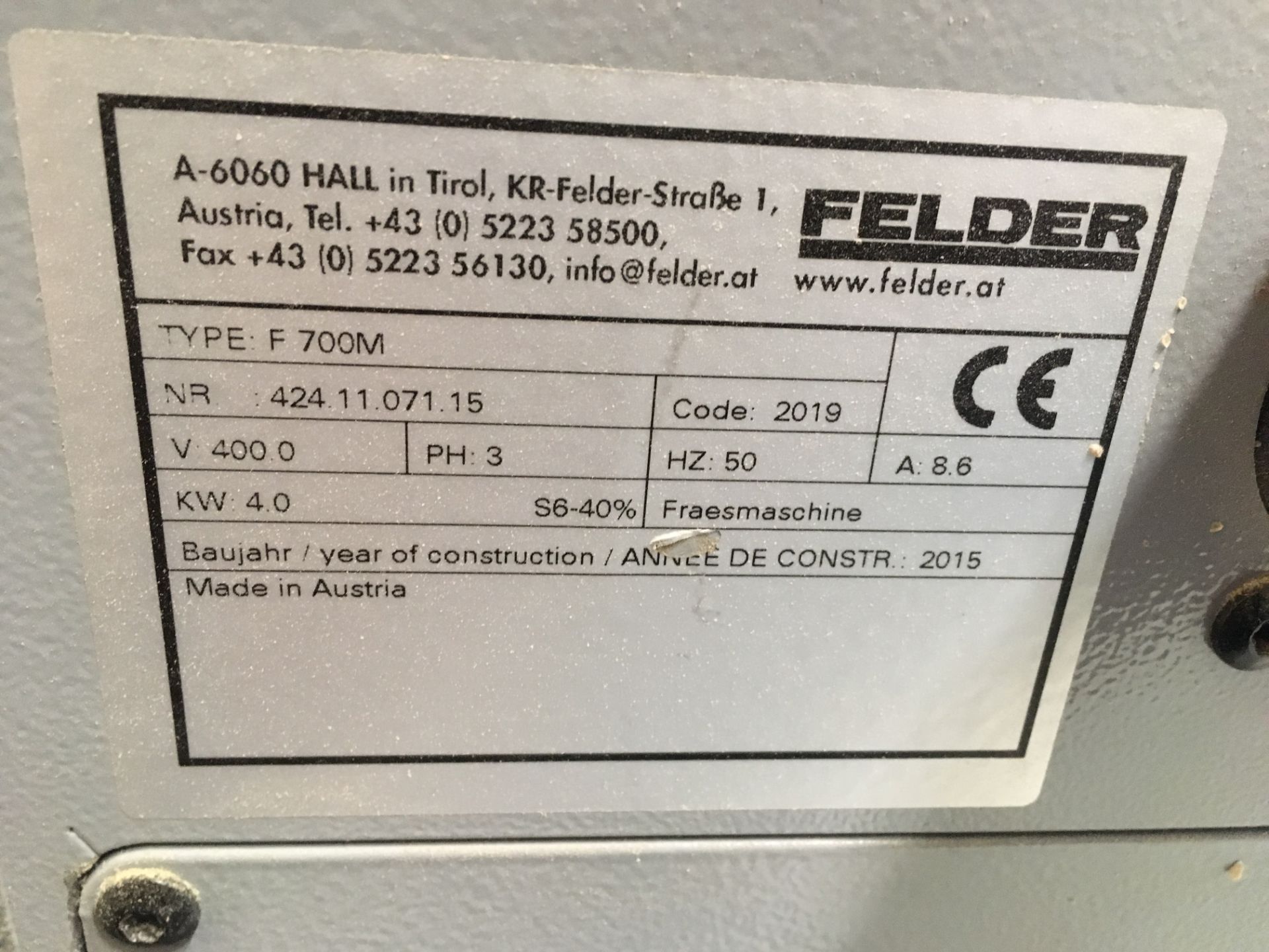 Felder F700M spindle moulder, Serial No. 424.11.071.15, Year of manufacture: 2015, with Felder F38 - Image 3 of 9