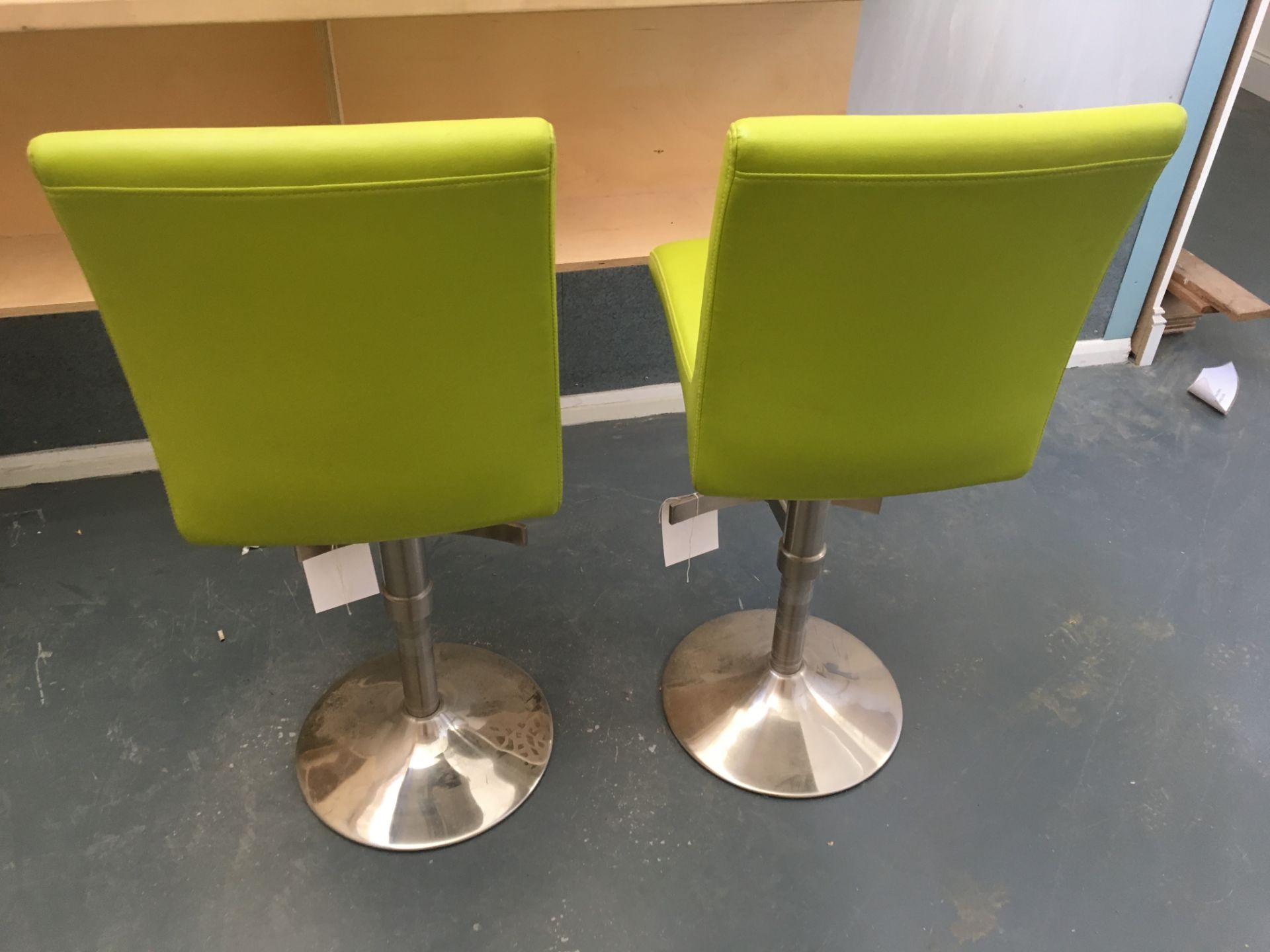 Two adjustable height lime green leather effect upholstered bar stools - Image 2 of 3