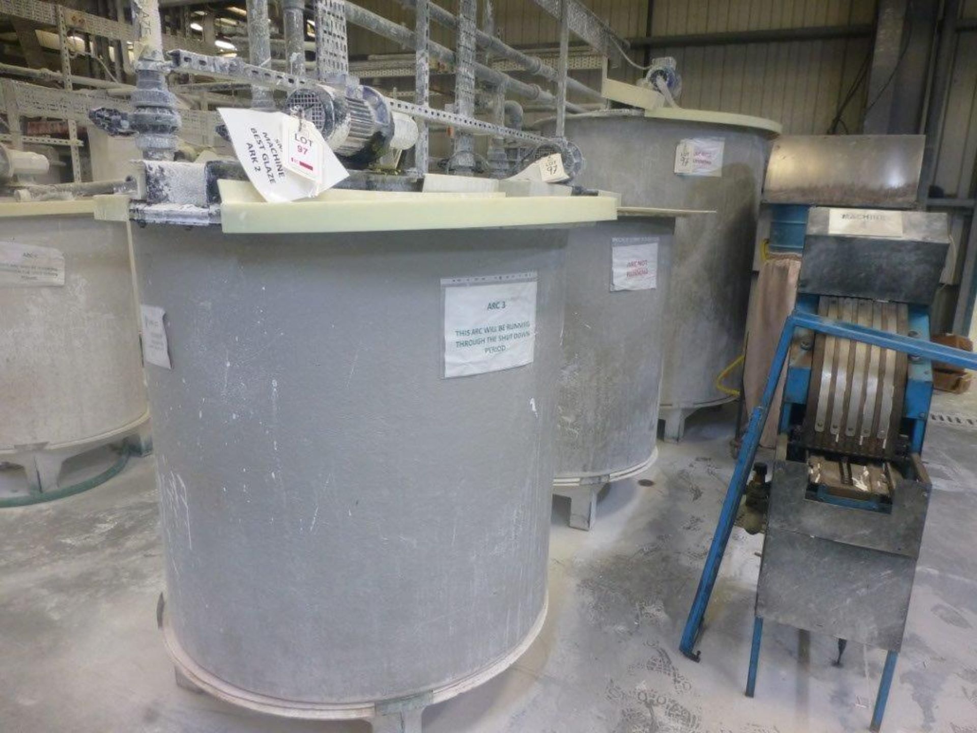 Small Machine Best Glaze Mixing comprising 1600mm dia x 1800mm high GRP mixing tank with motorised