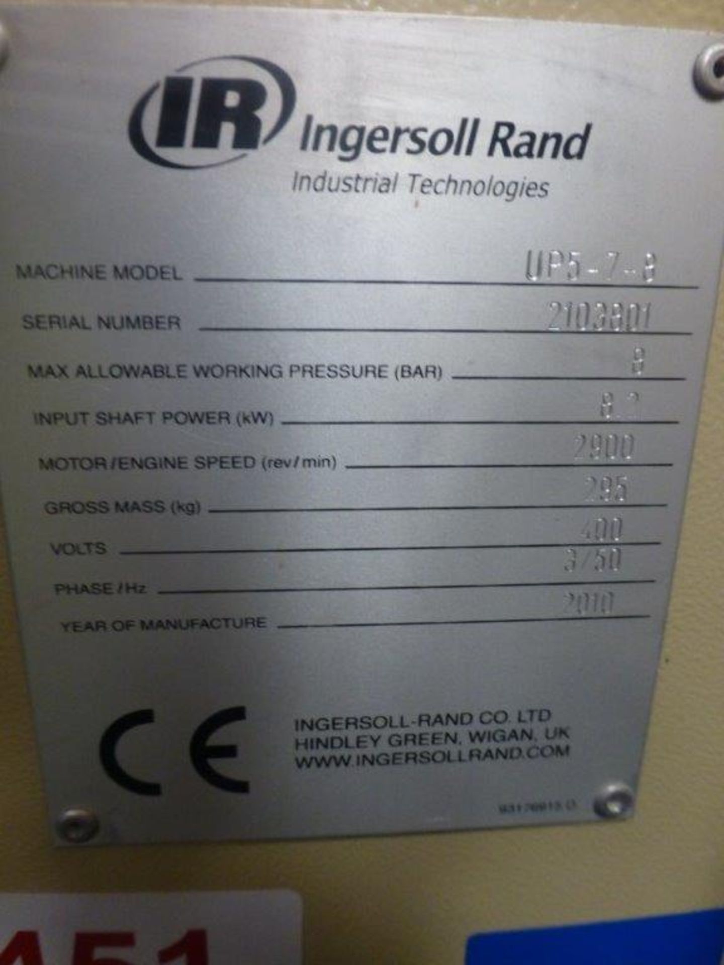 Ingersoll Rand UP5-7-8 rotary screw air compressor, s/n 2103801 (2010) max pressure 8 bar with - Image 2 of 4