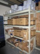 3 metal racks c/w contents including hair nets, shoe covers, paper towel rolls, gloves and food