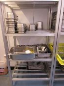 2 stainless steel racks c/w contents and large quantity of stainless steel food trays