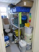 Quantity of mops and buckets, rack and cleaning materials