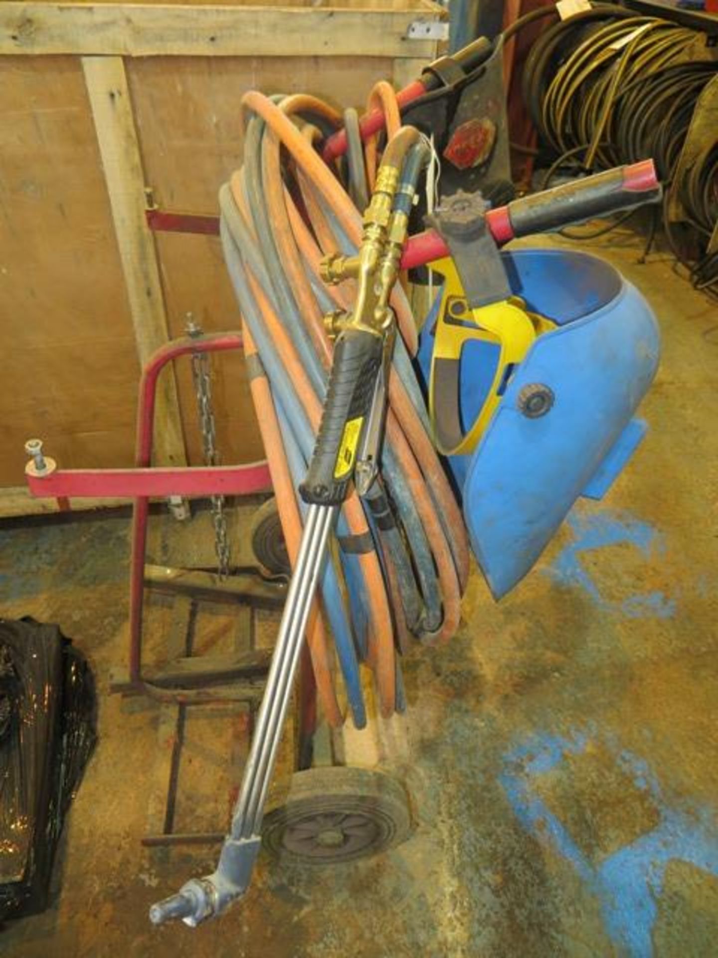 Gas bottle trolley c/w cutting torch hoses gauges & 2 masks - Image 2 of 2