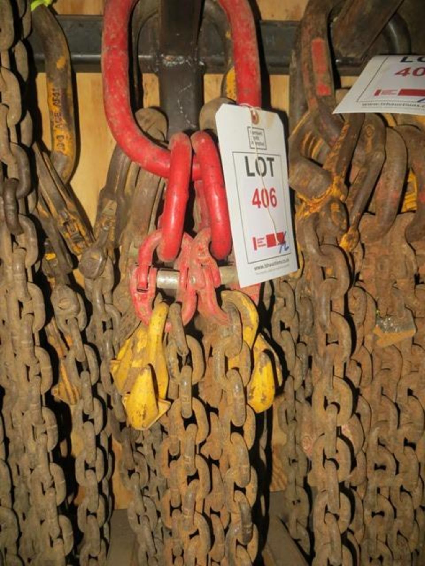 Two sets of 4 leg lifting chains c/w safety hook & shorteners as lotted (LOLER certified until