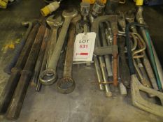 Various hand tools as lotted to include 6 wrenches, 2 breaker spikes, 2 SDS spikes & various