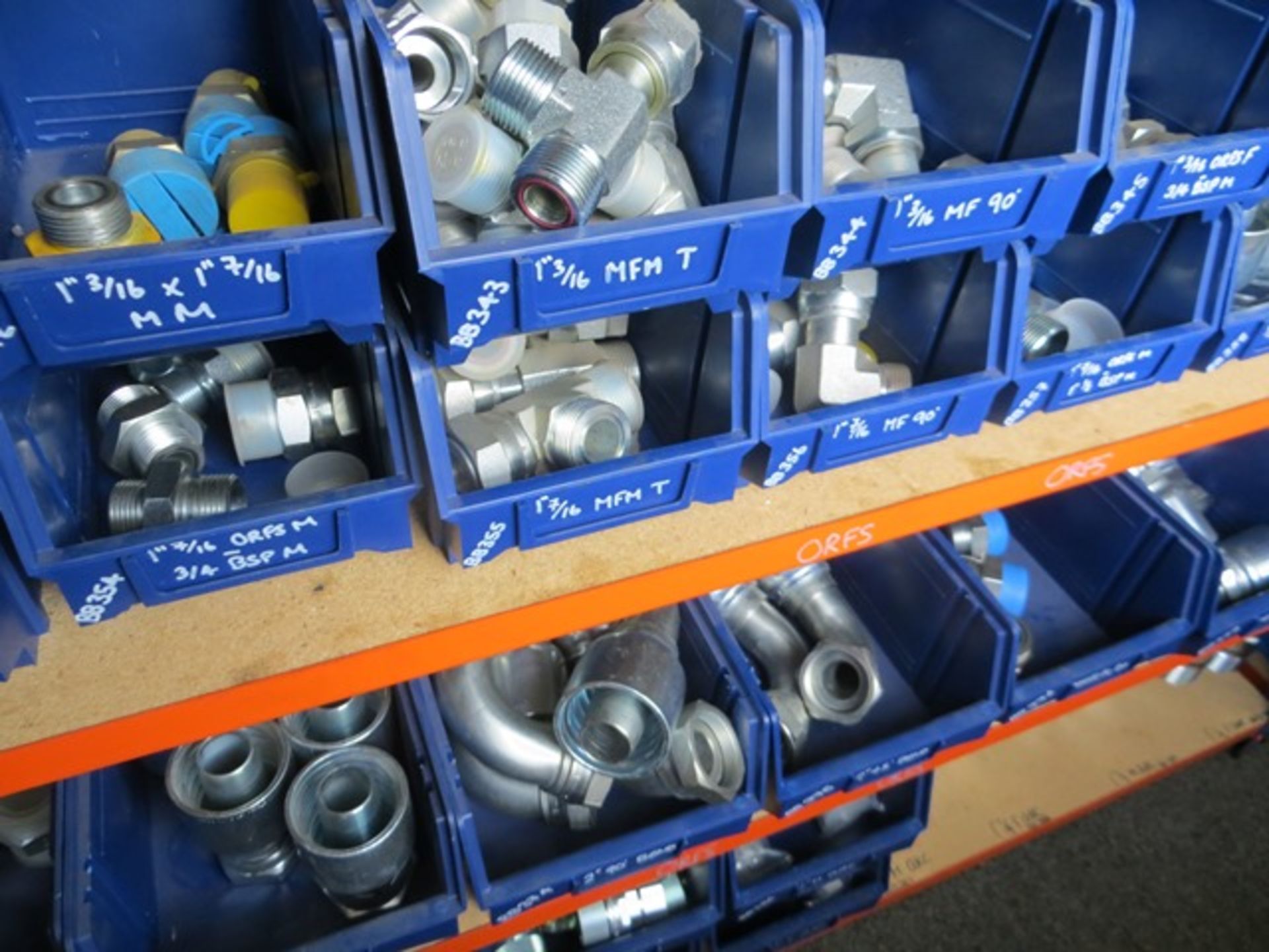 Three bays of slot together racking c/w large quantity of ORES hydraulic fittings & crimp fittings - Image 2 of 4