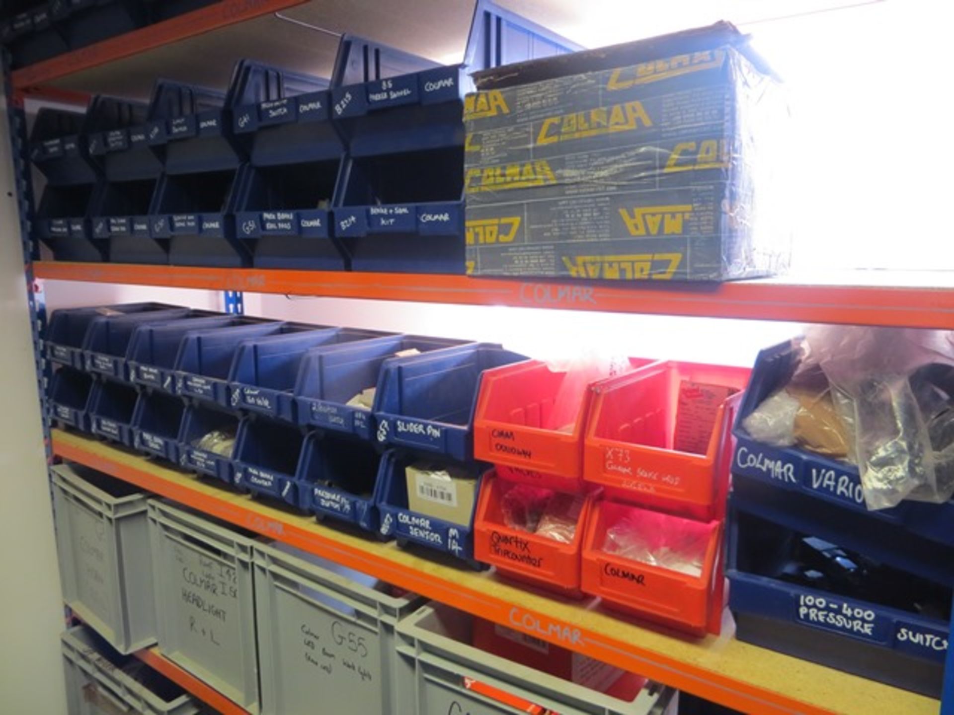 Two bays of slot together racking c/w Colmar, Liebherr & Neotec MEWP repair spares etc., as lotted - Image 4 of 4