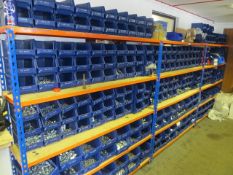 Three bays of slot together racking c/w large quantity of assorted nuts & bolts etc., as lotted