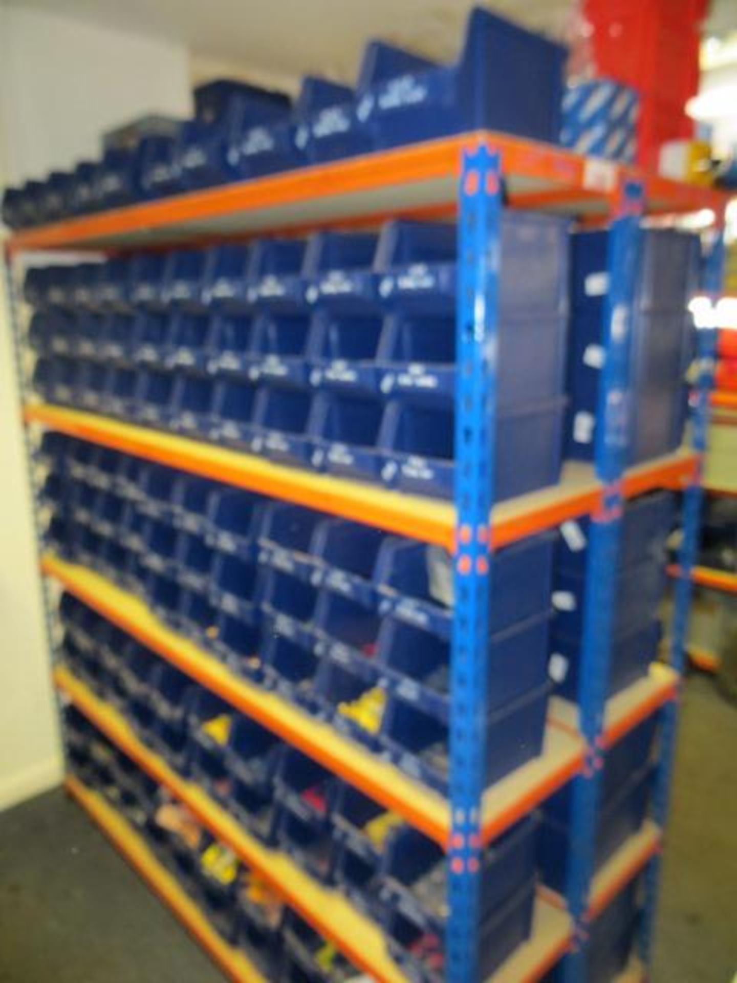 Two bays of slot together racking c/w electrical spares etc., as lotted - Image 2 of 4